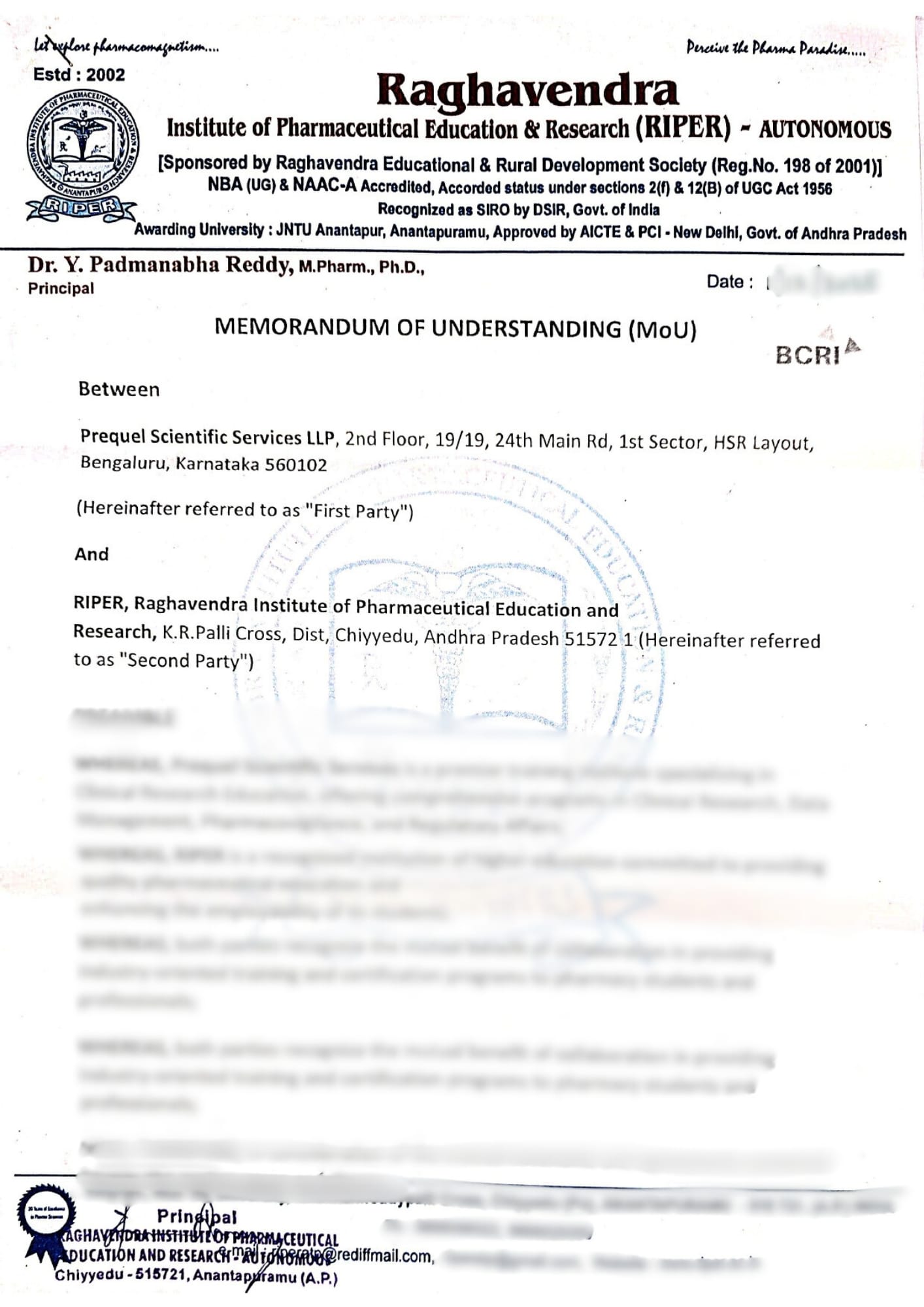 Collaborations & Credentials 14 MoU snapshot - RIPER